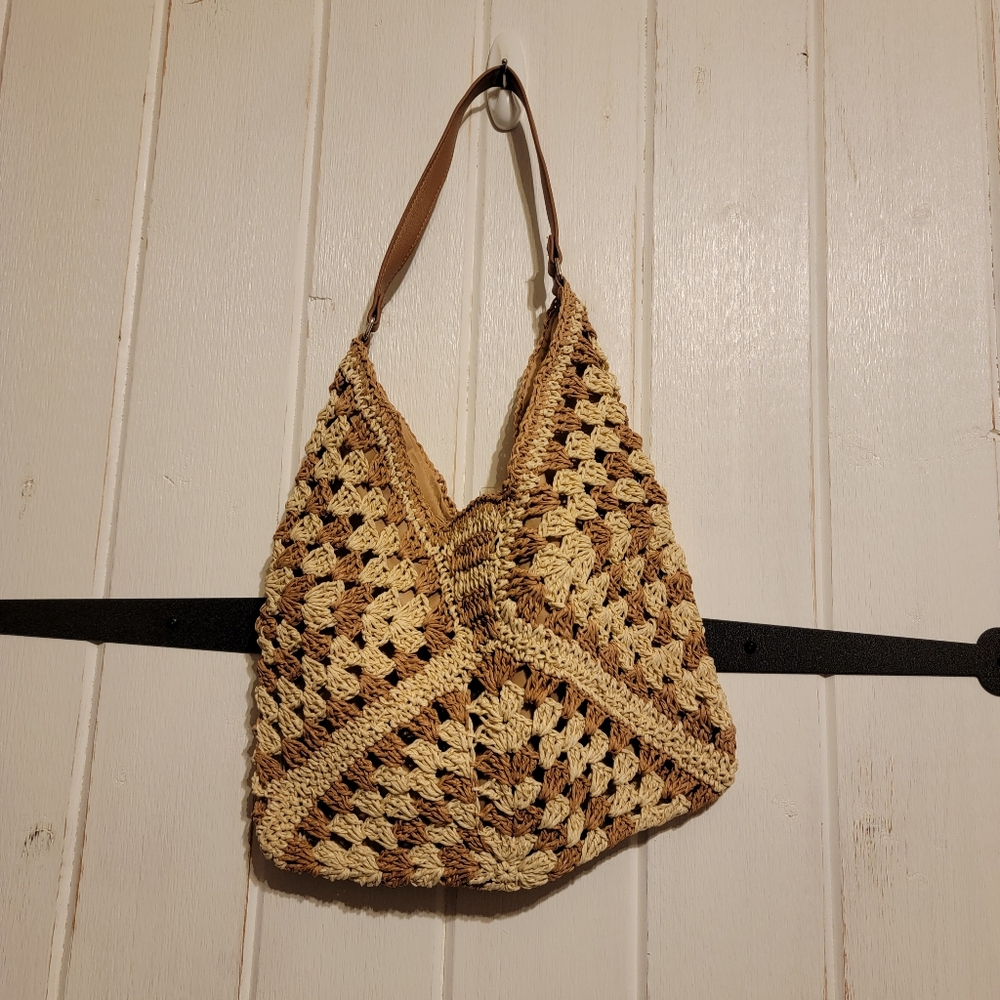 Handcrafted Crochet Straw Tote Shoulder Bag Beige Brown